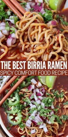 the best birra ramen spicy comfort food recipe with noodles, onions and cilantro