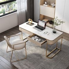 a white desk with a laptop on it in front of a window and a chair