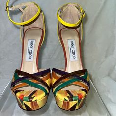 Designer Jimmy Choo High Heel 5” Shoes Brand New Multicolor 4-inch Leather Heels, Multicolor Leather Wedge Heels, Multicolor Leather Wedge Sandals With Ankle Strap, Multicolor Leather Ankle Strap Wedge Sandals, Designer Multicolor Heels With Heel Strap, Lace Up Sandal Heels, Studded Gladiator Sandals, Jimmy Choo Heels, High Heel Wedges