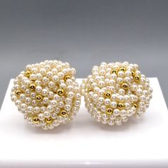 "Vintage Luxurious Knot Earrings, Beaded Studs Wedding Jewelry, White and Gold Seed Pearls Very nice condition. Gently used. 1\" diameter Size: Womens OS Condition: Pre-Owned Good" Beaded Studs, Jewelry White, Earrings Beaded, Knot Earrings, Work Jewelry, Seed Pearl, Accessories Jewelry Earrings, Pearl Studs, Women Accessories Jewelry