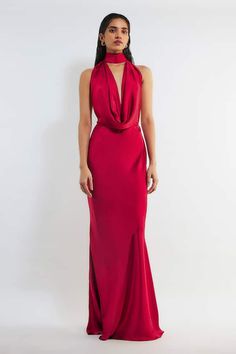 Red backless maxi dress with deep cowl neckline in satin base. - Aza Fashions Pre-draped Satin Maxi Dress With Cowl Back, Pre-draped Cowl Neck Dress For Gala, Formal Pre-draped Maxi Dress With Cowl Back, Pre-draped Maxi Dress With Cowl Back For Gala, Satin Draped Maxi Dress For Gala, Pre-draped Evening Dress With Cowl Back For Party, Pre-draped Cowl Back Maxi Dress For Evening, Chic Maxi Dress With Cowl Back For Party, Backless Satin Evening Maxi Dress