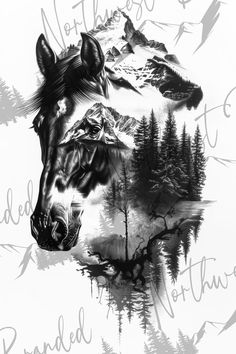 a black and white drawing of a horse's head with mountains in the background