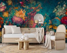 a living room with floral wallpaper and wicker furniture in front of a blue background