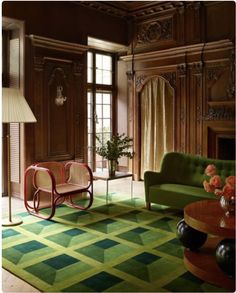 a living room filled with furniture and a green rug