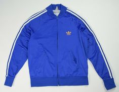 Measurements (Laying Flat): A : Lenght ( NECKLINE - hem ):  61    CM =  24  INCH  * B : chest ( PIT -  PIT) :    52   CM =   20.5  INCH    x 2 C : Sleeve(  NECKLINE -  CUFF )  : 69     CM =   27  INCH * * measured from the neckline Adidas Blue Track Jacket With Three Stripes, Adidas Blue Track Jacket For Streetwear, Fitted Blue Track Jacket For Streetwear, Adidas Fitted Sporty Track Jacket, Vintage Crew Neck Track Jacket For Sports, Adidas Fitted Track Jacket For Streetwear, Vintage Track Jacket With Three Stripes For Sports, Vintage Three Stripes Track Jacket For Sports, Blue Throwback Long Sleeve Track Jacket