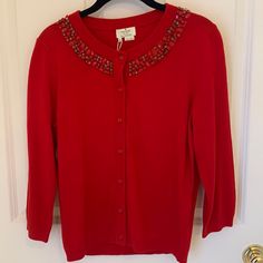 This Nwt Cardigan Is In Excellent Condition. Lovely Red Color With Embellishments Around The Collar. Likely Purchased From Outlet. Elegant Red Cardigan For Fall, Elegant Red Winter Cardigan, Elegant Red Spring Cardigan, Elegant Red Sweater For Spring, Red Color, Embellishments, Outlet, Kate Spade, Sweaters For Women