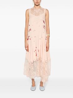 Sleeveless Floral Embroidery Midi Dress For Daywear, Sleeveless Midi Dress With Floral Embroidery For Daywear, Feminine Sleeveless Midi Dress With Floral Embroidery, Sleeveless Evening Dress With Delicate Lace, Chic Sleeveless Lace Dress With Floral Embroidery, Embellished Lace Midi Dress For Wedding, Chic Sleeveless Dresses With Pearl Embroidery, Pink Summer Dress With Pearl Embroidery, Summer Pink Dress With Pearl Embroidery