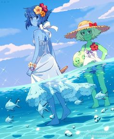 two anime characters are standing in the water