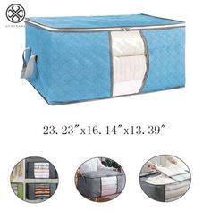 the large storage bag is blue and has multiple compartments for blankets, blankets and pillows