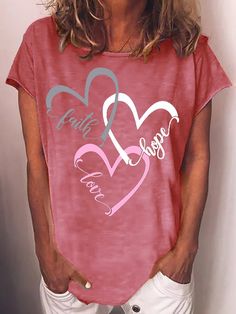 Womens Hope Faith Love Casual Letter Short Sleeve T-Shirt Casual Valentine's Day Top With Text Print, Casual Valentine's Day Tops With Letter Print, Casual Tops With Letter Print For Valentine's Day, Casual Letter Print Tops For Valentine's Day, Casual Crew Neck Top For Valentine's Day, Casual Pink T-shirt With Heart Print, Pink Short Sleeve Top For Valentine's Day, Casual Pink T-shirt For Valentine's Day, Pink Crew Neck Top For Valentine's Day