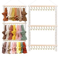 several pairs of bow ties hang on the wall next to each other in a rack