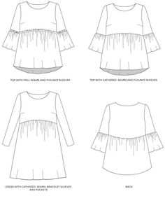 the front and back views of a dress with ruffled sleeves