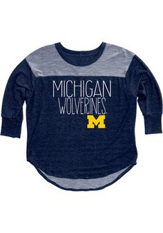 Michigan Womens Yoke Navy Blue T-Shirt Blue Varsity Top For Winter, Blue Winter Varsity Top, Collegiate Style Blue Tops For Fall, Navy Winter College Tops, Navy Winter College Top, Navy Winter Top For College, Navy Winter Tops For College, Blue Tops With Ribbed Cuffs For Game Day, Navy Varsity Top For Fall