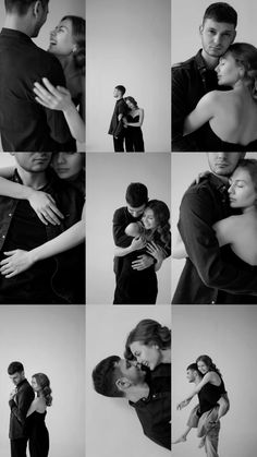 black and white images of people hugging each other in different poses, with one man holding the woman's head