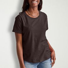 Basics that are far from basic. Classic comfort meets unbeatable style with this Hanes original women's t-shirt. Our signature tri-blend fabrics come together to create a lightweight tee that feels great on the skin. The relaxed fit, ribbed collar, and sleeves create an ultra-flattering look you'll love. Plus, it's made from recycled polyester for that super soft, worn-in feel. Dress it up with jeans and heels or go casual with Hanes joggers and sneakers, you can't go wrong with a Hanes original Love Plus, Large Shirts, Come Together, Shirt Shop, Womens Tees, Tee Shirt, Shirts Tops, Tee Shirts, Relaxed Fit