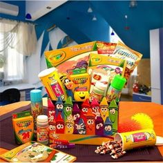 an assortment of children's toys and snacks