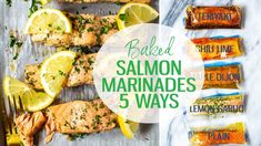 salmon marinades with lemons and parsley on the side