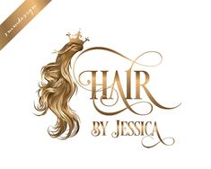 the logo for hair by jesusa, which is gold and white with a crown on top