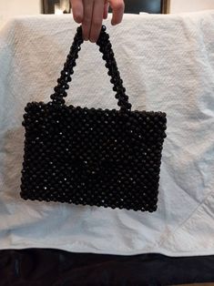 Italian Black Beaded Handbag Black Embellished Top Handle Bag, Embellished Black Clutch Bag, Black Embellished Clutch Bag, Black Beaded Square Shoulder Bag, Black Handheld Beaded Shoulder Bag, Black Beaded Handheld Shoulder Bag, Rectangular Bag With Black Beads As Fashion Accessory, Black Embellished Handheld Shoulder Bag, Chic Black Embellished Bags