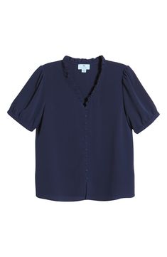 A frilly neckline and gently puffed sleeves add charm points to this staple blouse. 24" length (size Medium) V-neck Short sleeves 98% polyester, 2% spandex Machine wash, tumble dry Imported Blouse Nordstrom, Puffed Sleeves, No Frills, Puff Sleeve, Tunic Tops, Button Up, Short Sleeves, Nordstrom, Size Medium