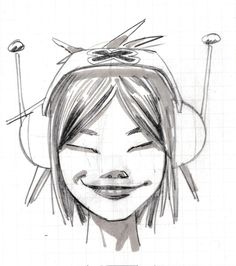 a drawing of a girl with headphones on her ears and eyes closed, smiling