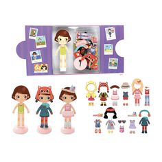 an assortment of dolls in a box with pictures on it