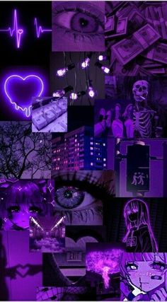 a collage of photos with purple lighting and neon lights in the background, including an eye