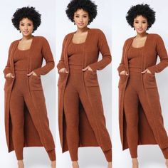 Brand New 3-Piece Leisure Pants Suit (Tank Top, Pants, Long Sweater Jacket). Color: Brown Brown Winter Sets With Pockets, Solid Color Matching Set For Fall, Fitted Pant Set For Fall Loungewear, Fitted Pant Set For Loungewear In Fall, Fitted Loungewear Sets With Pockets, Brown Loungewear Sets For Fall, Long Sweater Jacket, Pink Tuxedo, Black Pantsuit