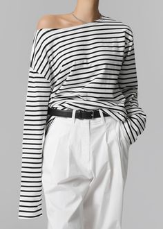 Color: Black Stripe Lightweight knit Relaxed fit Boat neck Drop shoulders Off the shoulder functionality Long sleeves Unlined 100% Cotton Machine Wash Cold By The Frankie Shop. Imported The Frankie Shop, Frankie Shop, Lightweight Knit, Boat Neck, Black Stripes, Drop Shoulder, Off The Shoulder, Relaxed Fit, Knitting