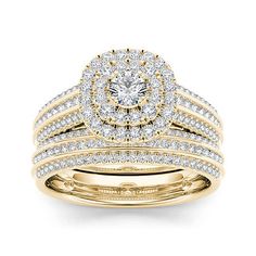 two tone gold wedding ring set with round diamond center and double rows of diamonds on each band