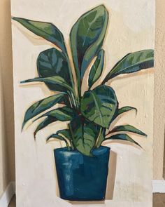 a painting of a potted plant in a blue vase on a white wall next to a door