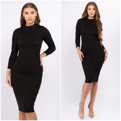 Stay Stylish Through The Chilly Season In A Figure Flattering Dress That Can Be Worn Day Or Night. 3/4 Length Sleeve Mock Neckline Bodycon Silhouette Midi Length Hem Fits Like A Glove Soft And Comfortable With Stretch Perfect For Styling With Bootie Or Heels For A Night Out. Material: 95% Polyester 5% Spandex Cute For Date Night Stretch Night Out Dress With 3/4 Sleeve, Stretch Dresses For Night Out With 3/4 Sleeve, Stretch Dress With 3/4 Sleeve For Night Out, Black Fitted Midi Dress With 3/4 Sleeve, Black 3/4 Length Spring Dresses, Black Spring Dresses 3/4 Length, Fitted Midi Dress With 3/4 Sleeves For Night Out, Black Chic Midi Dress 3/4 Length, Chic Black Midi Dress 3/4 Length