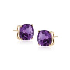 Ross-Simons - 3.90 ct. t. w. Amethyst Stud Earrings in 14kt Yellow Gold. These stud earrings feature eye-catching 3.90 ct. t. w. cushion-cut amethysts for a fabulous and dramatic effect! Set in 14kt yellow gold. Post/clutch, amethyst stud earrings. Amethyst birthstones are the perfect gift for February birthdays. Amethyst Earrings Studs, Jewelry Presentation, Diy Jewelry To Sell, Aquamarine Studs, Cultured Pearl Bracelet, Amethyst Birthstone, Amethyst Studs, Sapphire Earrings Studs, Emerald Earrings Studs