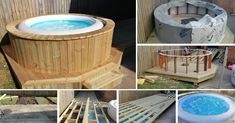 there are many different pictures of hot tubs in the yard, including an above ground jacuzzi