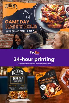 four different types of food on display in front of a brick wall with the words game day happy hour save on it