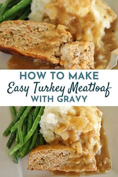 meatloaf with gravy and mashed potatoes on a white plate next to green beans