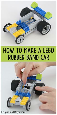 the instructions for how to make a lego rubber band car with this simple step - by - step instruction