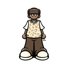 an image of a cartoon character with big eyes and brown pants, wearing a white t - shirt