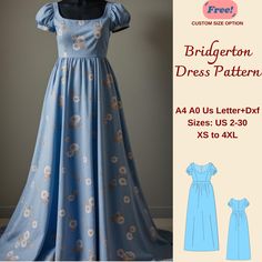 a blue dress with white flowers on it and the words, bridalton dress pattern