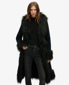 Superdry Faux Fur Lined Longline Afghan Coat - Women's Womens Jackets Classic Long Fur Coat For Fall, Long Outerwear With Faux Fur Trim For Fall, Luxury Long Fur Coat For Fall, Fall Long Coat With Feather Trim, Long Coat With Feather Trim For Fall, Long Feather Trim Coat For Fall, Long Fall Outerwear With Faux Fur Lining, Fall Fur Coat With Feather Trim For Cold Weather, Luxury Feather Trim Outerwear For Fall