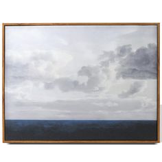 an abstract painting with blue and gray clouds in the sky above water on a white background