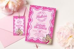 a pink and white card with a princess on it next to some cards, flowers and envelopes