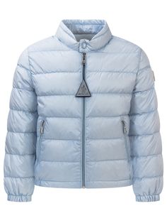 Light blue down jacket with long sleeves. High buttoned collar. Elasticized cuffs and hem. Boudin quilting. Zippered front pockets and two inside pockets. Zipper closure on front. Logo patch on sleeve.Composition: Outside: 100% Polyamide Lining: 100% Polyamide Padding: 90% Down, 10% Feather Blue Duck Down Long Sleeve Puffer Jacket, Blue Duck Down Puffer Outerwear, Blue Duck Down Puffer Jacket For Fall, Blue Duck Down Outerwear For Fall, Duck Down Quilted Jacket With Padded Collar, Designer Long Sleeve Down Puffer Jacket, Luxury Long Sleeve Duck Down Puffer Jacket, Luxury Duck Down Long Sleeve Puffer Jacket, Luxury Long Sleeve Quilted Down Jacket