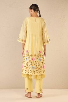 Yellow chanderi kurta with floral and jaal embroidery. Comes with cotton pant and a dupatta. - Aza Fashions Jaal Embroidery, Kurta And Dupatta, Yellow Kurta, Chanderi Kurta, Kurta Patterns, Kurta For Women, A Line Kurta, Pant Set For Women, Sharara Set