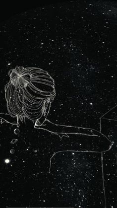 a drawing of a person sitting on a tree branch in the night sky with stars