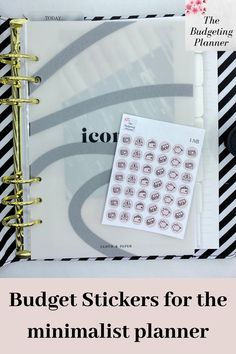 a binder with the words budget stickers for the minimalist planner