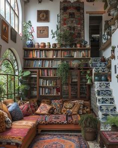 a living room filled with lots of furniture and bookshelves