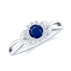 Split Shank Blue Sapphire Flower Engagement Ring with Moissanite Blue Sapphire - ( AAA ) - Quality - Rosec Jewels Design Engagement Ring, Flower Engagement, Floral Engagement Ring, Flower Engagement Ring, Gorgeous Ring, Split Shank, Designer Engagement Rings, Engagement Rings Sapphire, Floral Style