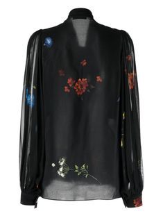 Elie Saab floral-print Silk Shirt - Farfetch Designer Multicolor Floral Print Blouse, Designer Black Blouse For Spring, Silk Floral Print Evening Tops, Silk Floral Print Top For Evening, Black Silk Blouse With Sheer Sleeves, Silk Floral Print Blouse For Evening, Black Sheer Silk Blouse, Sheer Black Silk Blouse, Elegant Multicolor Blouse With Blouson Sleeves