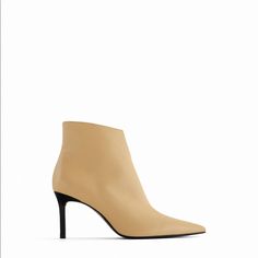 Material: Leather 3.5” Heel Color: Vanilla Yellow New In Box Yellow Pointed Toe Heels For Work, Yellow Pointed Toe Heels For Workwear, Zara Beige High Heel Boots, Chic Beige Boots With 4-inch Heel, Chic Zara Heels With Padded Ankle, Chic Yellow Heels For Fall, Zara Yellow Round Toe Heels, Zara Yellow High Heels, Yellow Leather Heels For Fall